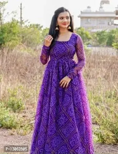 Stylish Georgette Purple Bandhani Long Sleeve Kurta For Women-thumb0