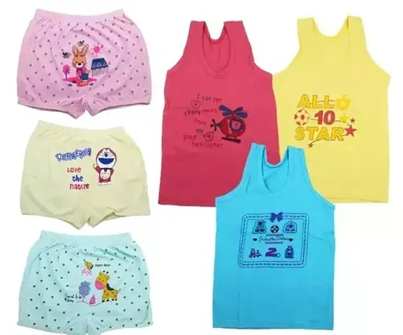 Stylish Cotton Printed Vests With Panty Set For Kids- Pack Of 6