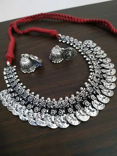 Elegant Oxidized Silver Coin temple Necklace Set