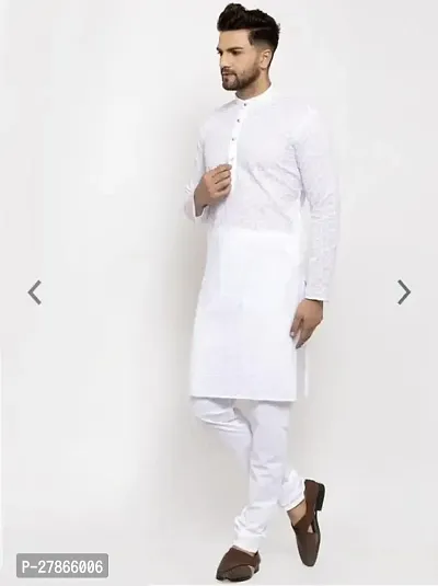 Traditional White Cotton Kurta With Pajama Set For Men-thumb0