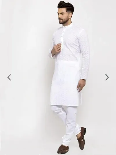 Traditional White Cotton Kurta With Pajama Set For Men
