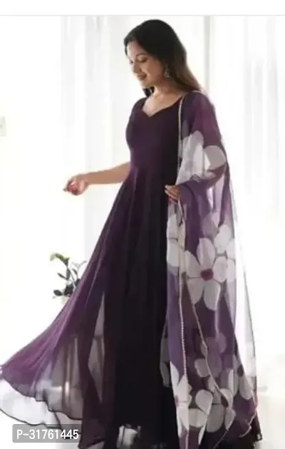 Stylish Purple Georgette Printed Ethnic Gowns With Dupatta For Women-thumb0