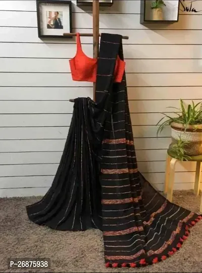 Beautiful Black Cotton Saree with Blouse piece For Women-thumb0