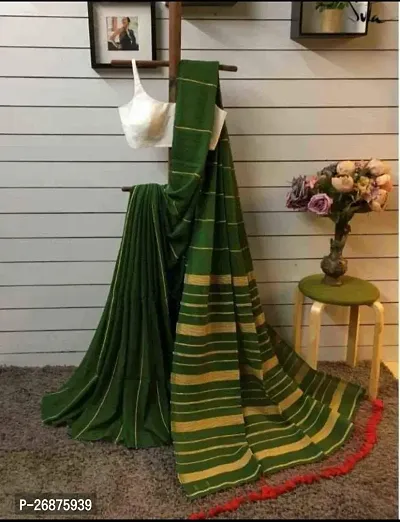 Beautiful Dark Green Cotton Saree with Blouse piece For Women