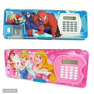 Combo of 2 Magnetic Pencil Box with Calculator and Sharpener for Boys  Girls Big Size Cartoon
