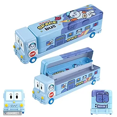 Space School Bus Shaped Pencil Box for Kids with Wheels and Sharpener Metal - (Space Design)
