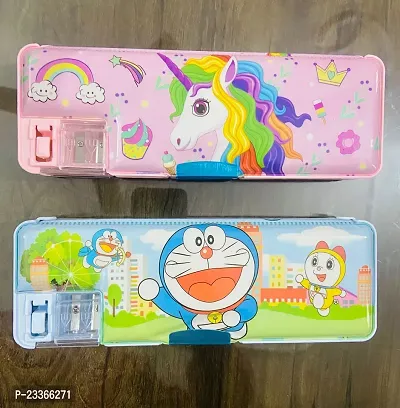 Combo of 2 Double sided magnetic pencil boxes with free sharpener inside, Character printed boxes with Dorimon and Unicorn-pack of 2 (color as per availibility)