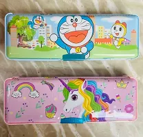 Combo of 2 Double sided magnetic pencil boxes with free sharpener inside, Character printed boxes with Dorimon and Unicorn-pack of 2 (color as per availibility)-thumb1