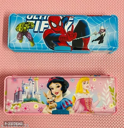 Pack of 2 double sided big cartoon print magnetic pencil box with sharpener inbuilt