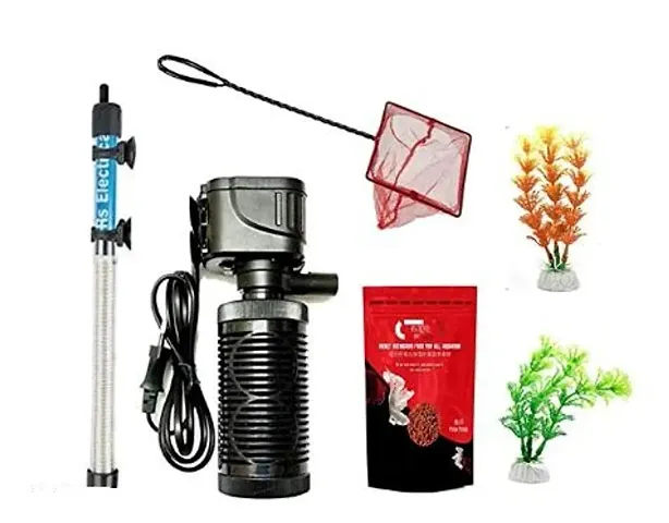 combo of aquarium heater ,filter, net, food and 2 small plants