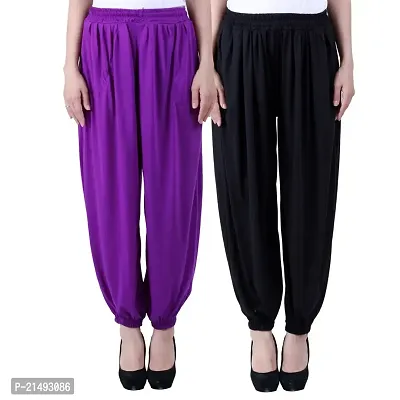 NumBrave Solid Viscose Purple  Black Harem Pants (Pack of 2)-thumb0