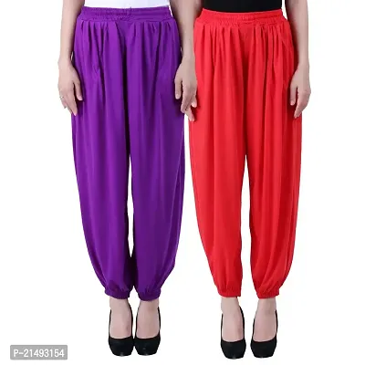 NumBrave Solid Viscose Purple  Red Harem Pants (Pack of 2)