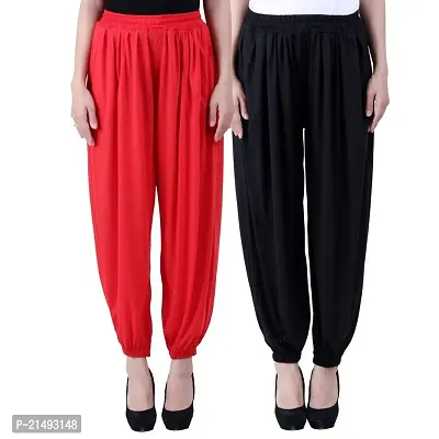 Cloths Zone Women's Solid Viscose Harem Pants (V G, Red and Black, Free Size) - Pack of 2-thumb0