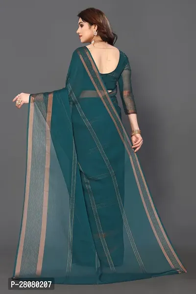 Women Chiffon weaving copper zari border saree with  Unstitched Blouse Piecee Rama-thumb3