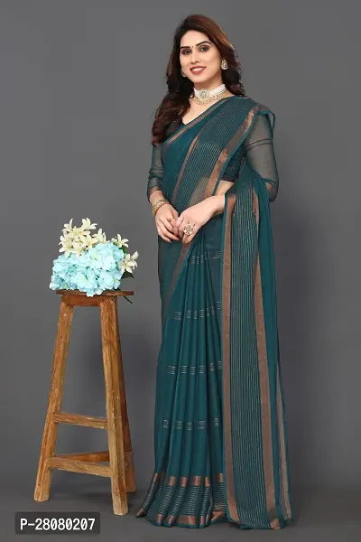 Women Chiffon weaving copper zari border saree with  Unstitched Blouse Piecee Rama-thumb4