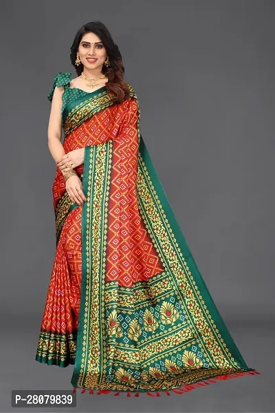 Women moss chiffon printed saree with  Unstitched Blouse Piecee green red-thumb0