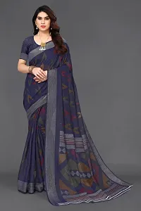 Stylish Blue Linen Saree With Blouse Piece For Women-thumb2