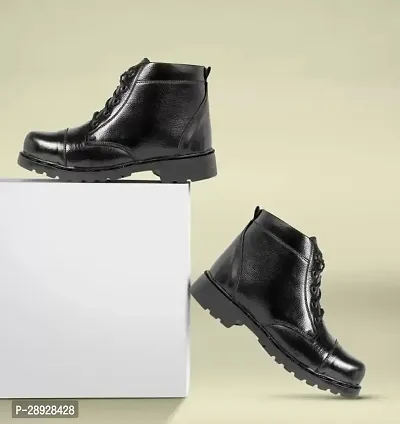 Stylish Black Leather Heeled Boots For Men-thumb0