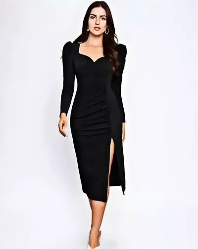 Stylish Black Cotton Solid A-Line Dress For Women