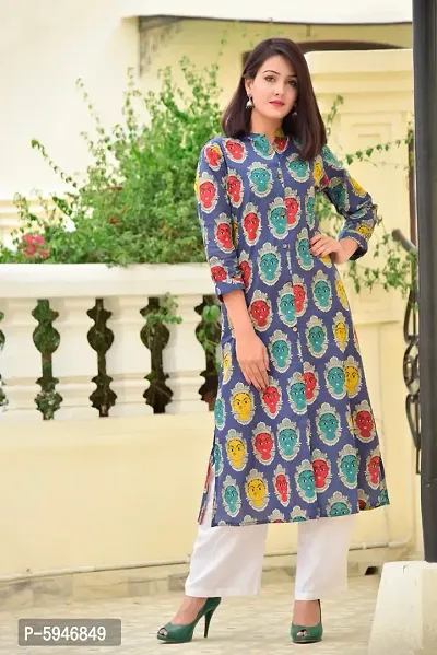 Stylish Blue Printed Cotton 3/4 Sleeves A-Line Casual Kurta For Women