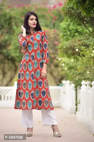 Elite Red Printed Cotton Women A-Line Kurti