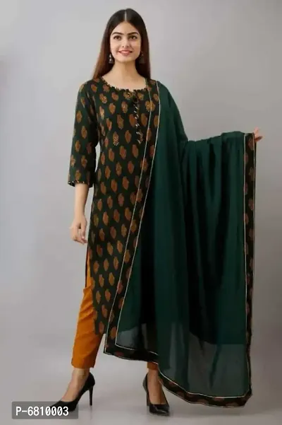 Trendy Fancy Cotton Kurti And Bottom Wear With Dupatta Set For Women-thumb0