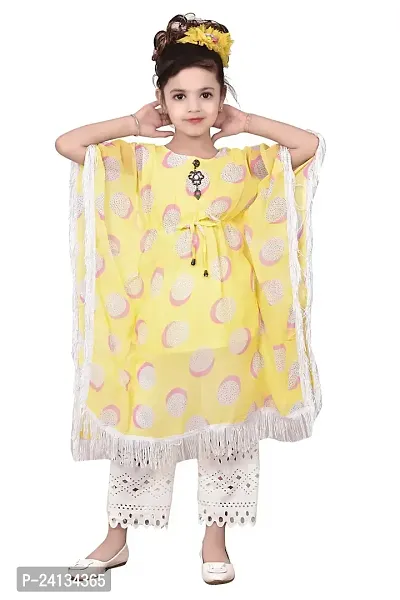 VNOTTY Fashion Printed Kaftan and Payjama Set for Girls (8-9 Years, Yellow)-thumb0