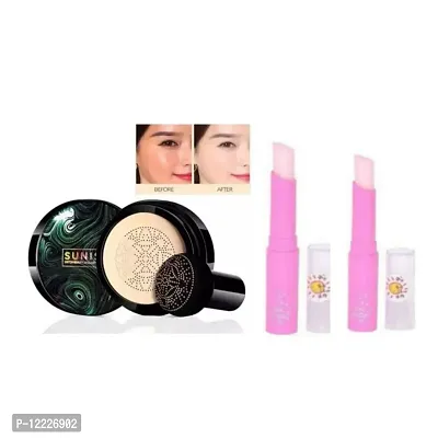 Sunisa Mushroom head air cushion cc cream Moisturizing Foundation Brightening Cream foundation makeup with pink lip magic pack of 2