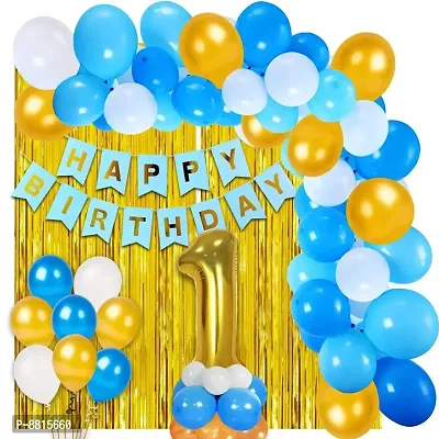 Happy Birthday Banner Blue +Foil Number 1+2 Golden Fringe Curtain +30 Metallic Balloon ( Blue, White,Gold )