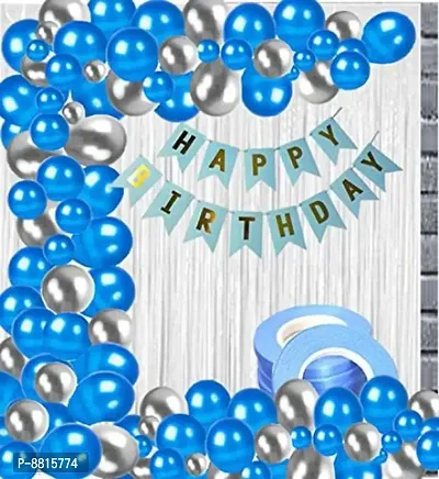 Happy Birthday Banner Blue  + 2 Silver Fringe Curtain + 2 Ribbon + 30 Metallic Balloon ( Blue, Silver ) For Party Decoration