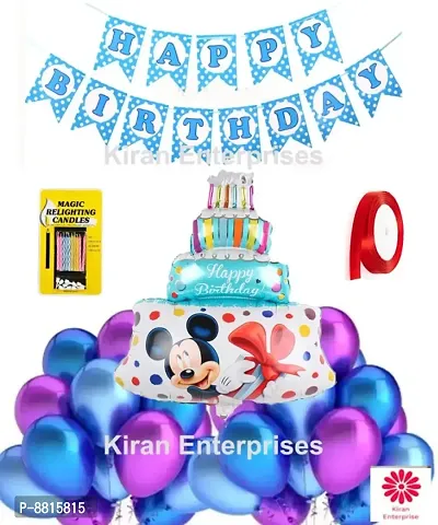 Happy Birthday Banner Blue + Mickey Mouse Printed Foil Cake + Magic Candle + Ribbon +30 Metallic Balloon ( Blue, Purple ) For Party Decoration