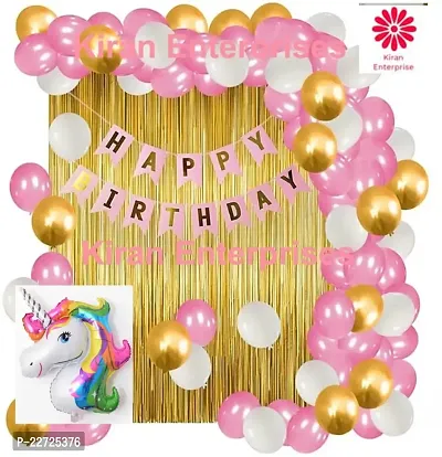 Happy Birthday Banner Pink  + 2  Fringe Curtain ( Gold ) + Unicorn Foil Balloon + 30 Metallic Balloon ( Pink, White, Gold )