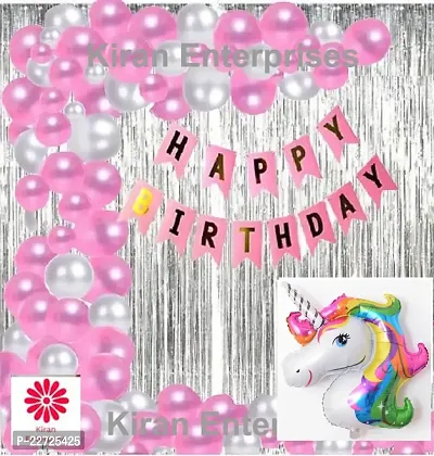 Happy Birthday Banner Pink  + 2  Fringe Curtain ( Silver )  + Unicorn Foil Balloon  + 30 Metallic Balloon ( Pink, Silver )