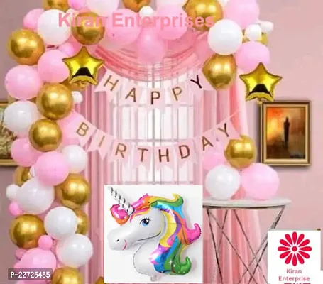 Happy Birthday Banner Pink  + 2 pcs Foil Star Balloon ( Gold ) + Unicorn Foil Balloon  + 30 Metallic Balloon ( Pink, White, Gold )