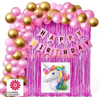 Happy Birthday Banner Pink  + 2 Pink  Fringe Curtain + Unicorn Foil Balloon  + 30 Metallic Balloon ( Pink , Gold )