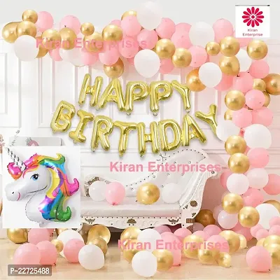 Happy Birthday Foil Letter Balloon ( Gold ) + Foil Balloon Unicorn + 30 Metallic Balloon ( Pink, Gold, White )
