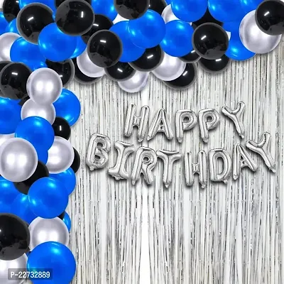 Happy Birthday Foil Letter Balloon ( Silver )  + 2 Fringe Curtain ( Silver ) + 30 Metallic Balloon ( Blue, Black, Silver )