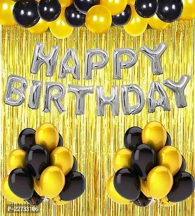 Happy Birthday Foil Letter Balloon ( Silver )  + 2 Fringe Curtain (  Gold ) + 30 Metallic Balloon ( Black, Gold )