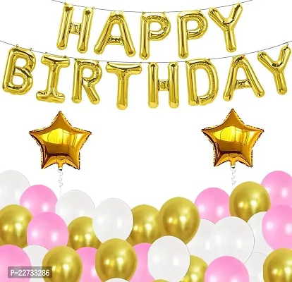 Happy Birthday Foil Letter Balloon ( Gold )+ 2 pcs  Foil Star Balloon (  Gold ) + 30 Metallic Balloon ( Pink, Gold, White )