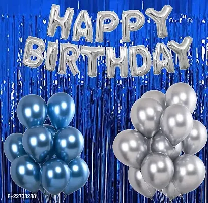 Happy Birthday Foil Letter Balloon ( Silver )  + 2 Fringe Curtain ( Blue ) + 30 Metallic Balloon ( Blue, Silver)