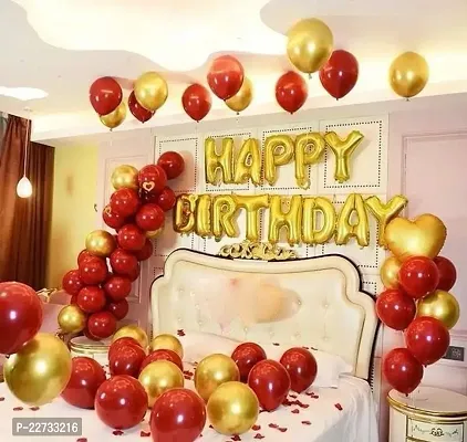 Happy Birthday Foil Letter Balloon ( Gold ) + Foil Heart  Balloon ( Gold ) + 30 Metallic Balloon ( Red, Gold )
