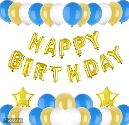 Happy Birthday Foil Letter Balloon ( Gold ) + + 2 pcs Foil Star Balloon ( Gold ) + 30 Metallic Balloon ( Silver, Gold, Blue)