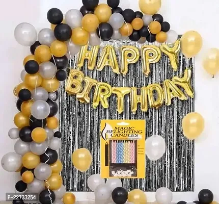 Happy Birthday Foil Letter Balloon ( Gold ) + 2 Fringe Curtain ( Black ) + 10 pcs Magic Candle + 30 Metallic Balloon ( Silver, Gold, Black )