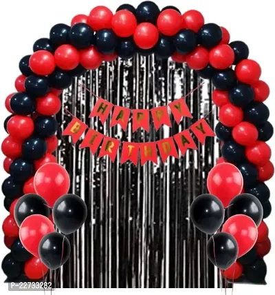 Happy Birthday Banner ( Red  ) + 2 Fringe Curtain ( Black ) + 30 Metallic Balloon ( Red, Black )