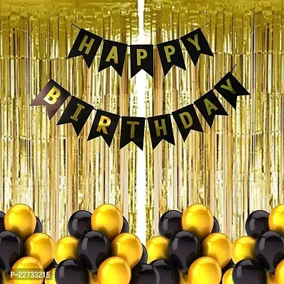 Happy Birthday Banner ( Black ) + 2 Fringe Curtain ( Gold )  + 30 Metallic Balloon ( Black, Gold  )