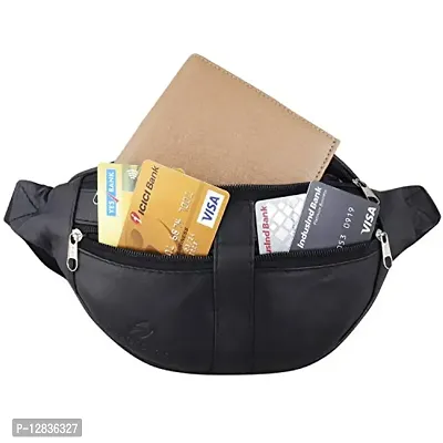 pocket bazar Stylish Waist Bag Genuine Leather 4 Zipper (Black)-thumb3