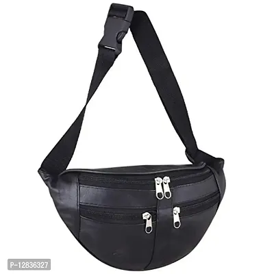 pocket bazar Stylish Waist Bag Genuine Leather 4 Zipper (Black)