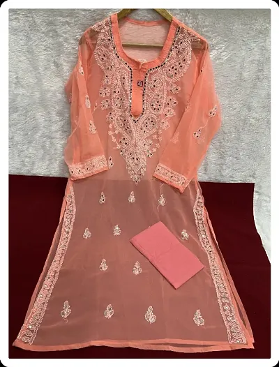 Stylish Georgette Chikankari Kurti With Inner And Mirror Work For Women