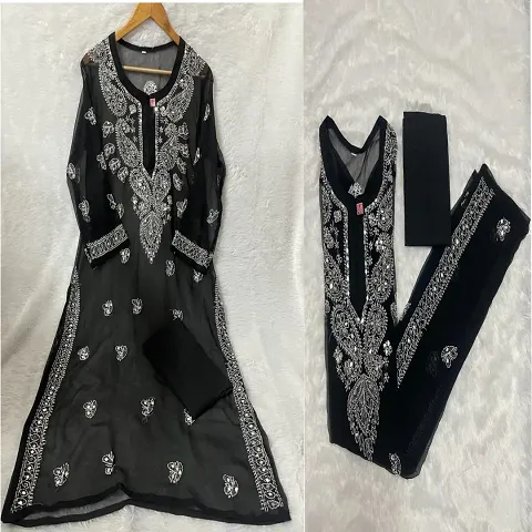 Stylish Georgette Chikankari Kurta With Cotton Inner Set