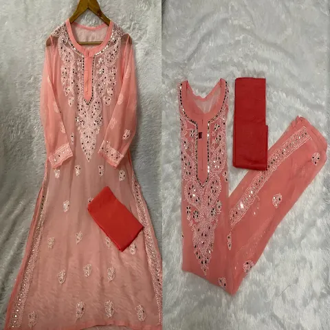 Stylish Georgette Chikankari Kurta With Cotton Inner Set